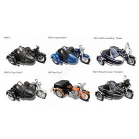 DISPLAY DE 6 PIECES : MOTOS AVEC SIDECAR/SERVI-CAR "HARLEY DAVIDSON"