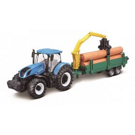 NEW HOLLAND T7.315 AVEC REMORQUE A BOIS - TRACTEUR A FRICTION