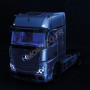 SET : MERCEDES-BENZ ACTROS 4X2 BLEU BANDES BLANCHES AVEC ECLAIRAGE LED ET REMORQUE TRANSPORTEUR "LOHR" NOIR