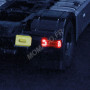 SET : MERCEDES-BENZ ACTROS 4X2 BLEU BANDES BLANCHES AVEC ECLAIRAGE LED ET REMORQUE TRANSPORTEUR "LOHR" NOIR