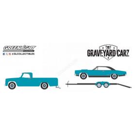 SET DE VEHICULES : DODGE D-200 1967 AVEC PLYMOUTH GTX 1969 AVEC REMORQUE "GRAVEYARD CARS (2012-2024)"
