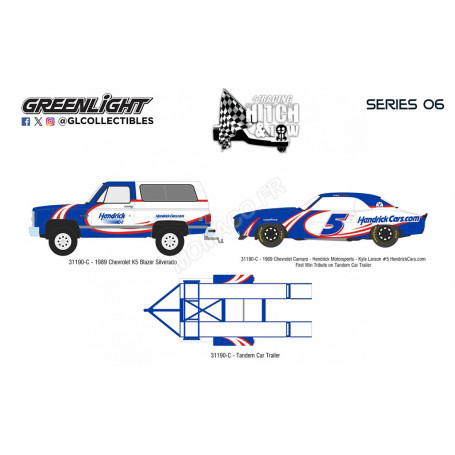 SET DE VEHICULES : CHEVROLET K5 BLAZER SILVERADO 1986 AVEC CHEVROLET CAMARO 1969 "HENDRICK MOTORSP. – K. LARSON 5" ET REMORQUE