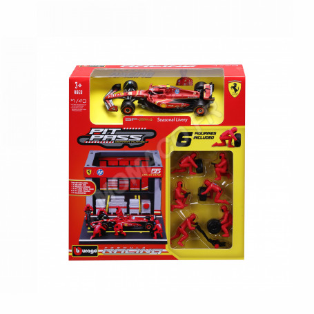 SET PIT STOP : FIGURINES MECANICIENS AVEC STAND ET ACCESSOIRES FERRARI F1 SF-24 SAINZ
