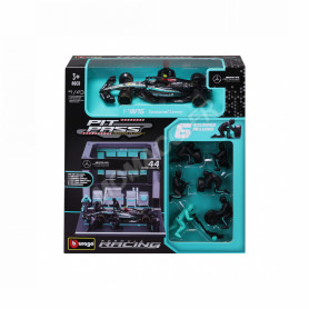 SET PIT STOP : FIGURINES MECANICIENS AVEC STAND ET ACCESSOIRES MERCEDES-BENZ AMG HAMILTON
