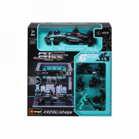 SET PIT STOP : FIGURINES MECANICIENS AVEC STAND ET ACCESSOIRES MERCEDES-BENZ AMG F1 W15 RUSSELL