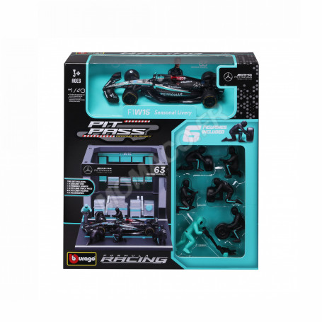 SET PIT STOP : FIGURINES MECANICIENS AVEC STAND ET ACCESSOIRES MERCEDES-BENZ AMG RUSSELL