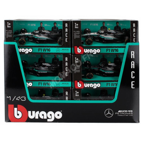 DISPLAY DE 12 PIECES : MERCEDES GP F1 W16 TEAM AMG PETRONAS MOTORSPORT 12 ET 63 2025 (BOITAGE SOUPLE)