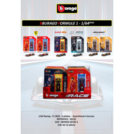 DISPLAY DE 12 PIECES : VEHICULES "FORMULE 1 2025 - 4 ECURIES - 6 PILOTES"