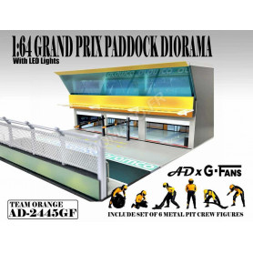 SET DE FIGURINE + PADDOCK : 6 PERSONNAGES "FORMULE 1 - PIT CREW" AVEC PADDOCK ET ECLAIRAGE - EQUIPE ORANGE