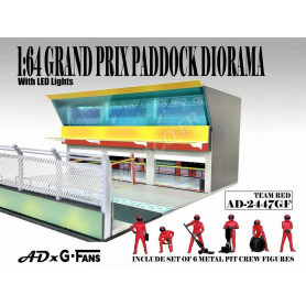SET DE FIGURINE + PADDOCK : 6 PERSONNAGES "FORMULE 1 - PIT CREW" AVEC PADDOCK ET ECLAIRAGE - EQUIPE ROUGE