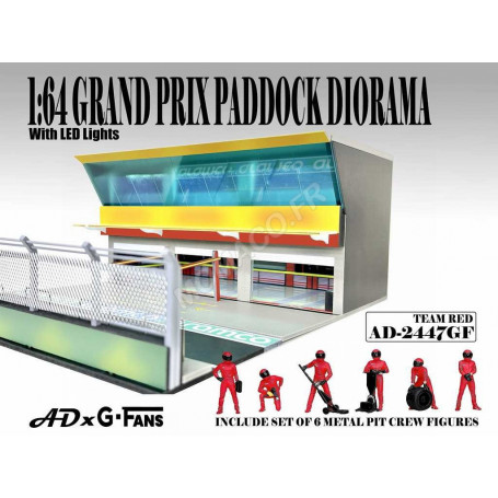 SET DE FIGURINE + PADDOCK : 6 PERSONNAGES "FORMULE 1 - PIT CREW" AVEC PADDOCK ET ECLAIRAGE - EQUIPE ROUGE