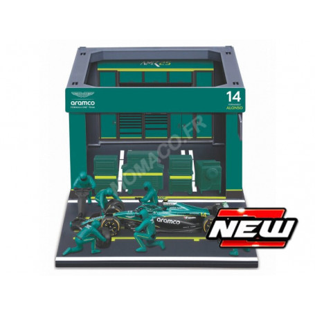 SET PIT STOP : FIGURINES MECANICIENS AVEC STAND ET ACCESSOIRES ASTON MARTIN F1 AMR25 ALONSO
