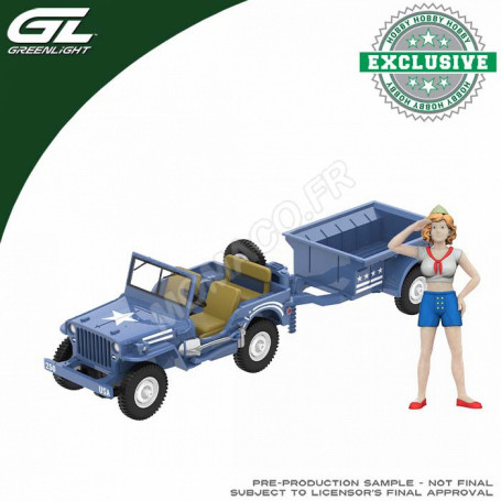 JEEP WILLYS MB 1943 AVEC REMORQUE ET FIGURINE PIN-UP MILITAIRE