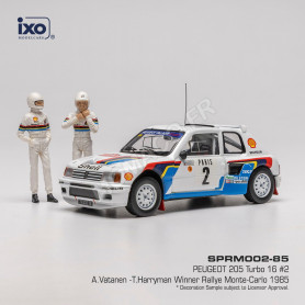 PEUGEOT 205 TURBO 16 2 VATANEN/HARRYMAN RALLYE MONTE-CARLO 1985 1ER AVEC 2 FIGURINES