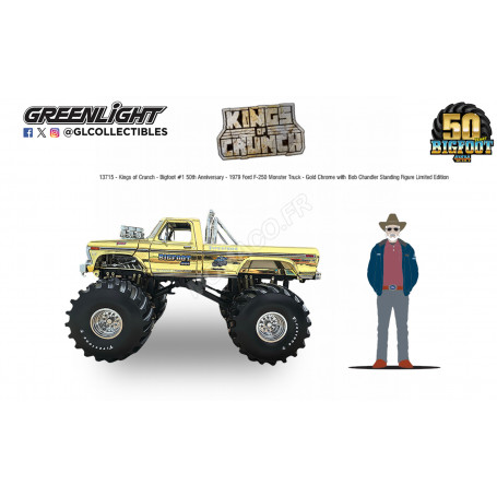 FORD F-250 1974 MONSTER TRUCK BIGFOOT 1 "THE ORGINAL MONSTER TRUCK - 50EME ANNIVERSAIRE" OR AVEC FIGURINES BOB CHANDLER