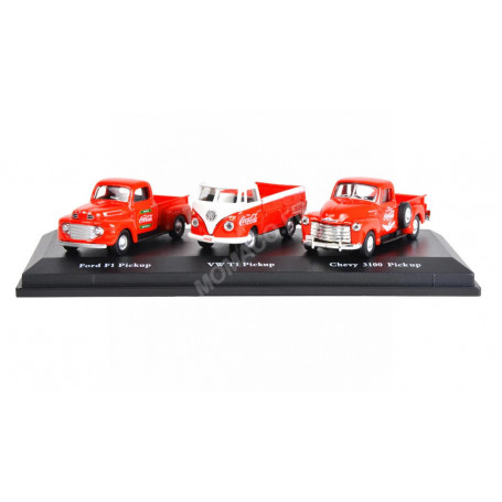 SET DE 3 MODELES "COCA-COLA - PICK-UP" : FORD F1 1948 / CHEVROLET 3100 1953 / VOLKSWAGEN T1 1962